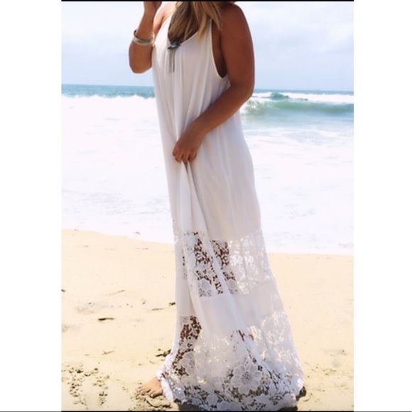 BOHO LACE MAXI BEACH DRESS COVER-UP WHITE S/M - Picture 4 of 8